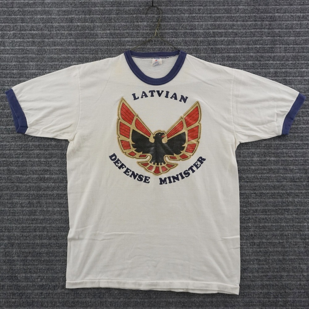 Vintage 80s Soffe Athletic Ringer T-Shirt Flock Large White Latvian Defense Logo